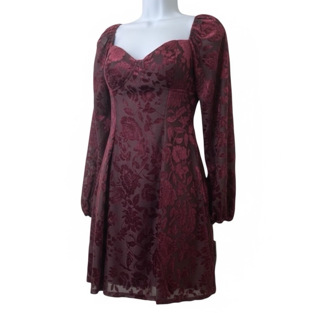 90s Burnout Velvet Corset Dress S Burgundy Lace-Up Y2K Whimsigoth Fairygrunge - Picture 5 of 13